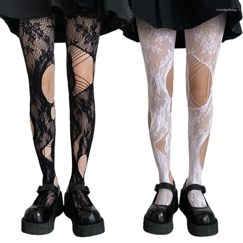 Women Socks Gothic Fishnet Pantyhose Ripped Holes Rose Floral Patterned Mesh Tights