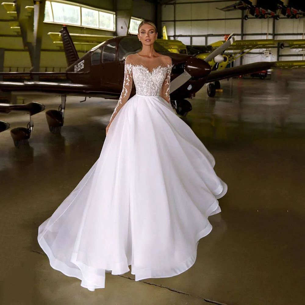 Sparkly A-Line Scoop Neck White Wedding Dresses with Slit VK24041201 main image 1