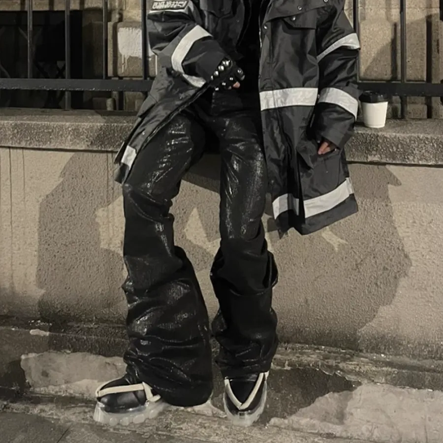 Mens Black Waxed Leather Stretch Jeans: Baggy Y2K Flare