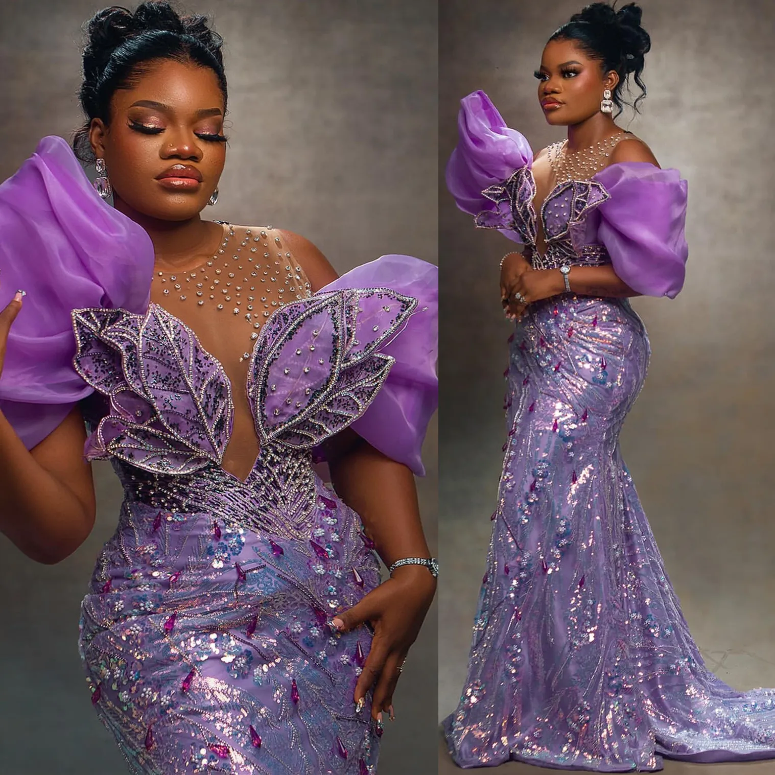 Lilac Mermaid Purple Sparkly Prom Dress With Crystals, Beaded Florals