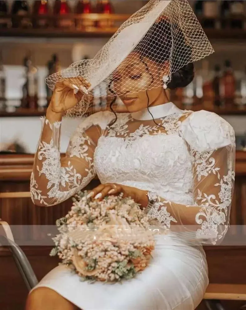 Elegant White Lace Bridal Gown with High Neckline and Long Sleeves Elegant White Lace Bridal Gown with High Neckline and Long Sleeves