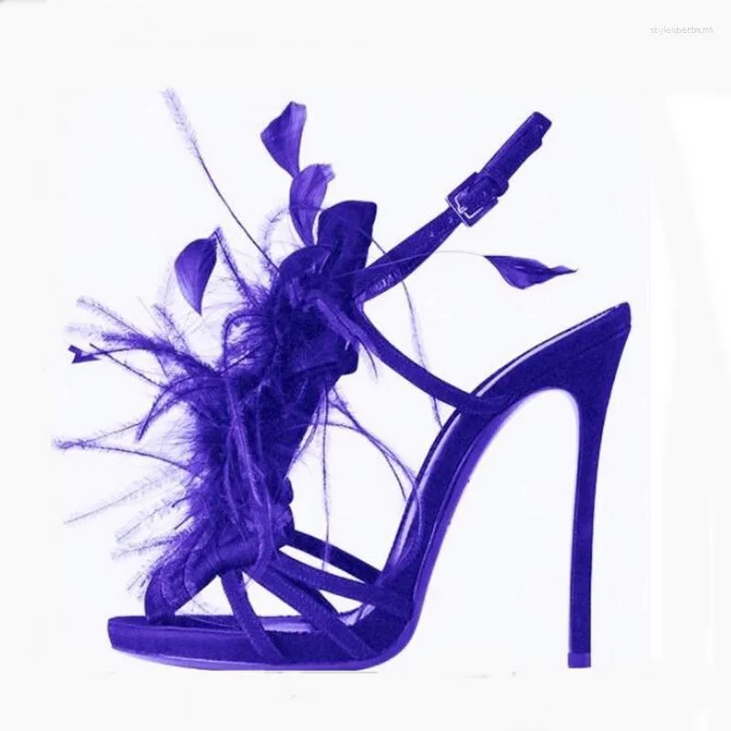 DHgate Womens Designer Luxury Feather Decor Catwalk Heels Strappy Blue Purple Black 11 CM Shoes Accessories