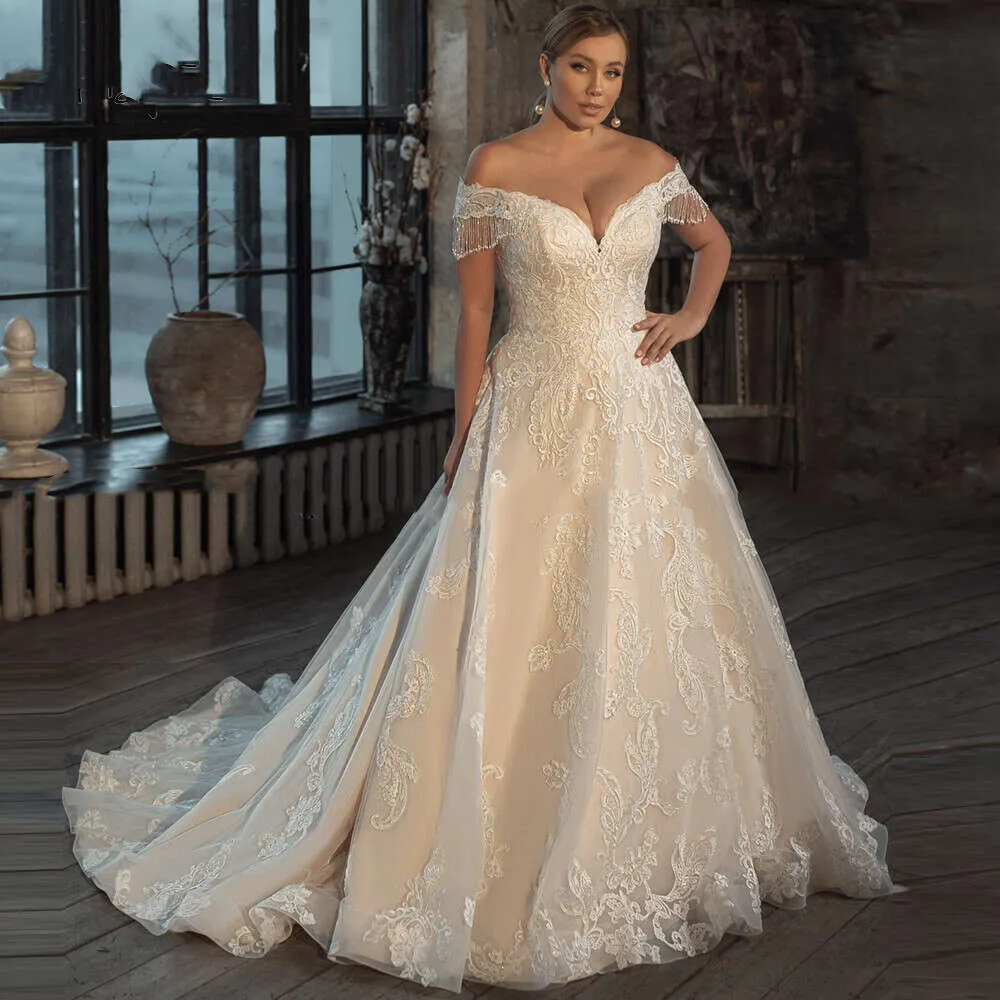 Off-Shoulder Lace Beaded Plus-Size Wedding Dress for Curvy Brides