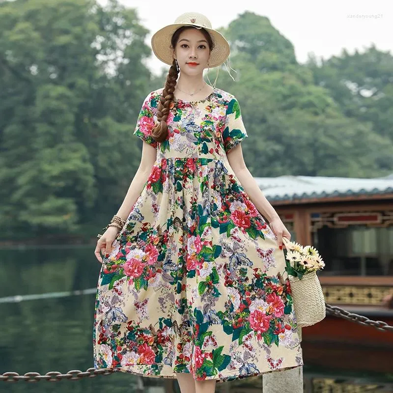 Party Dresses Women Summer Dress Elegant Loose Middle aged Mother Short Sleeve Long Floral Print Cotton Linen 231