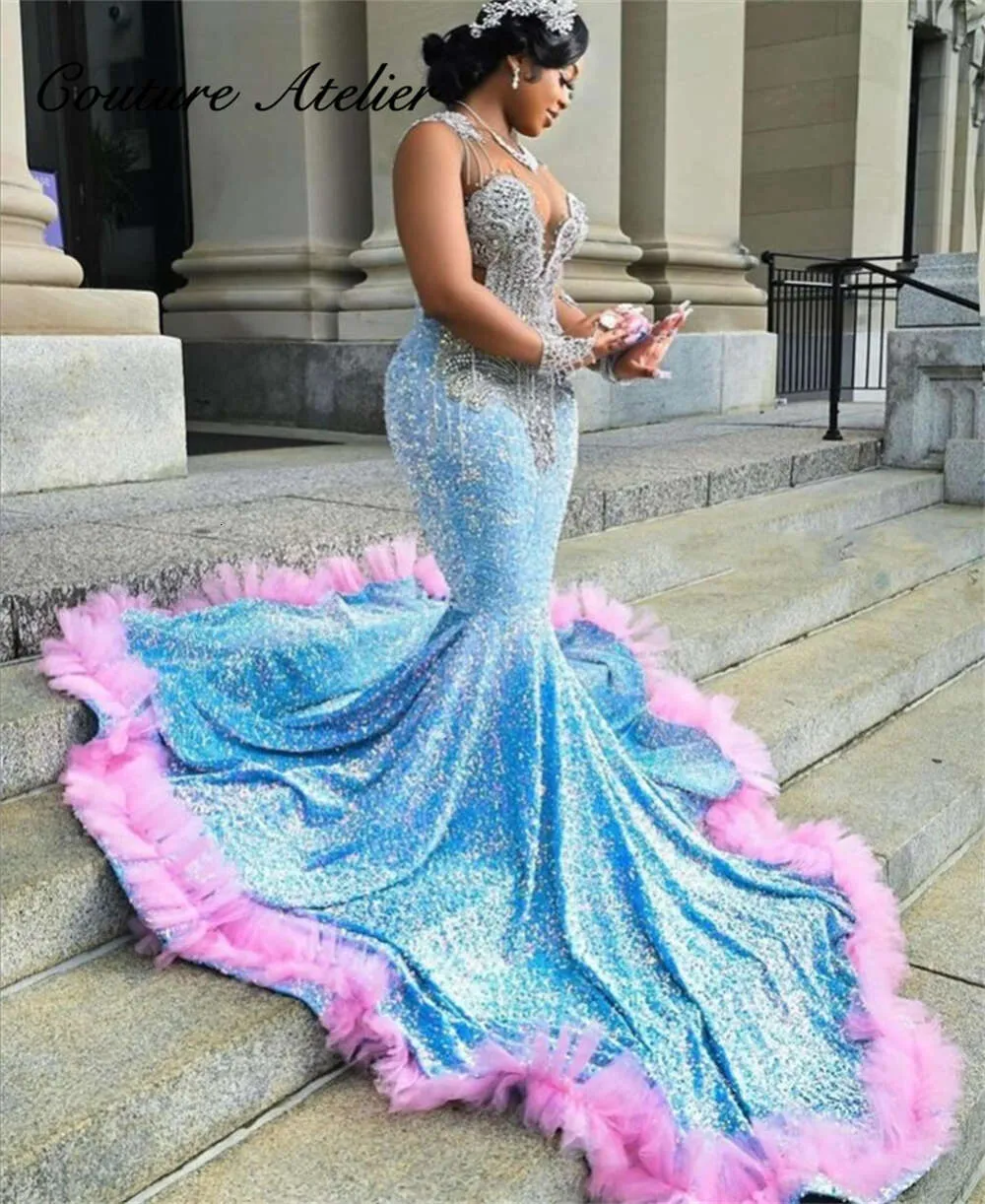 Sparkling Blue Sequin Mermaid Prom Dress with Pink Tulle Ruched Train