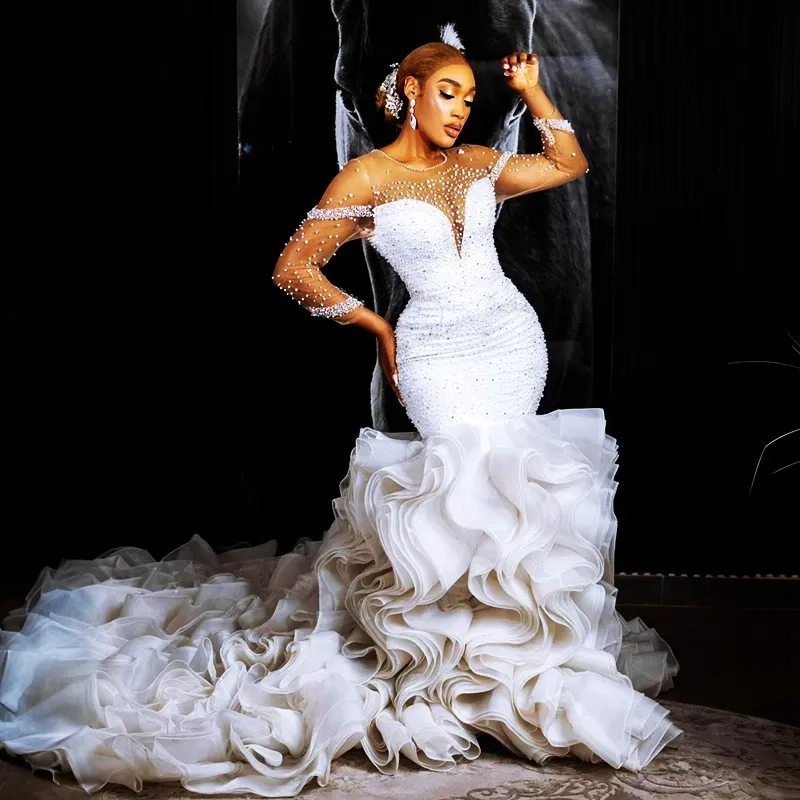 Long Sleeve Mermaid Wedding Dress Elegant Beaded Ruffled Bridal