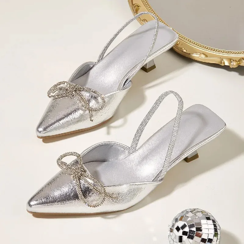 Slingback Rhinestone Bow Heels For Women Closed Pointed Toe Kitten Pumps Slip On Stilettos Wedding Bride Dress Shoes P 50492110