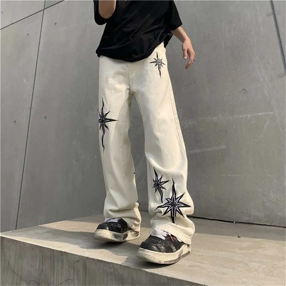 DHgate.com:Harajuku White Baggy Jeans: Star-Studded, Loose