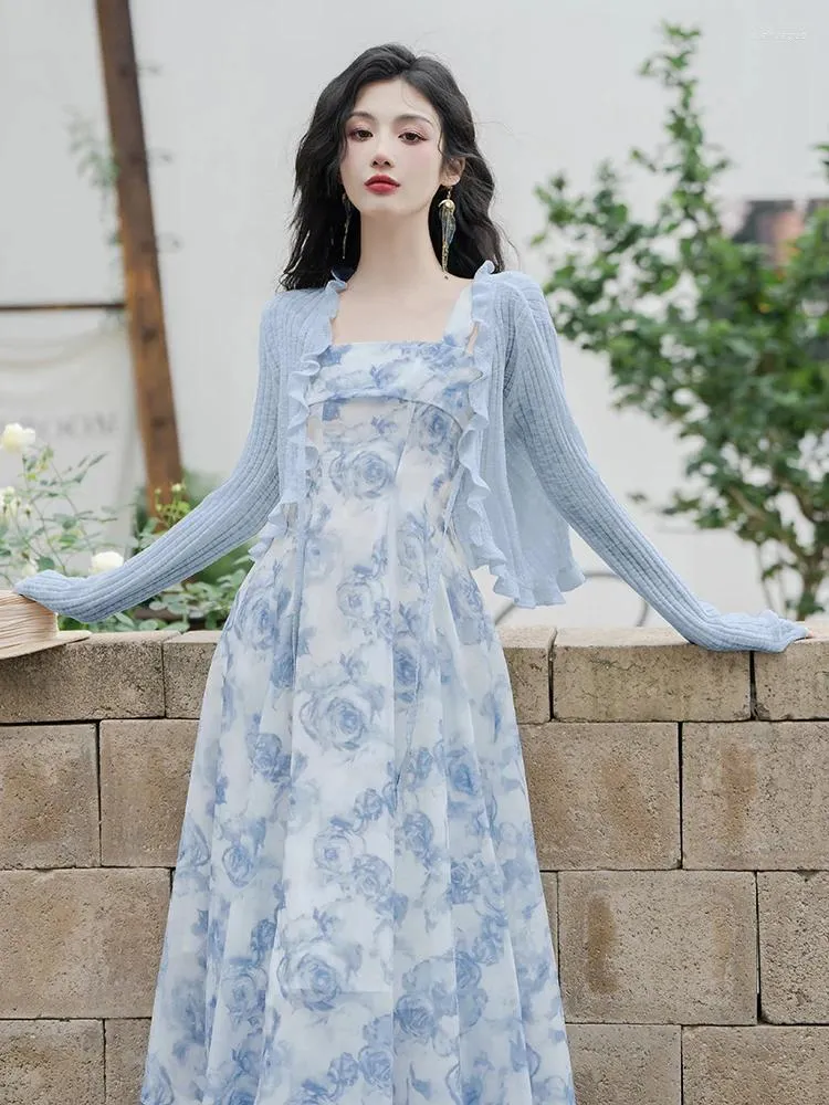 Romantic Blue Rose Print Knitted Cardigan Dress Set for Elegant Summer Looks