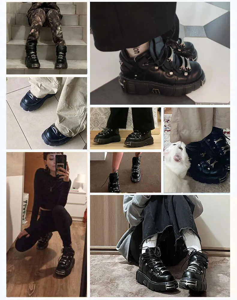 2023 NOU Stil Punk Femei Cu șiret Toc Înălțime 6Cm Pantofi cu platformă Cizme gotice Glezne Rock Decor metalic Pantofi femei_voghion.com