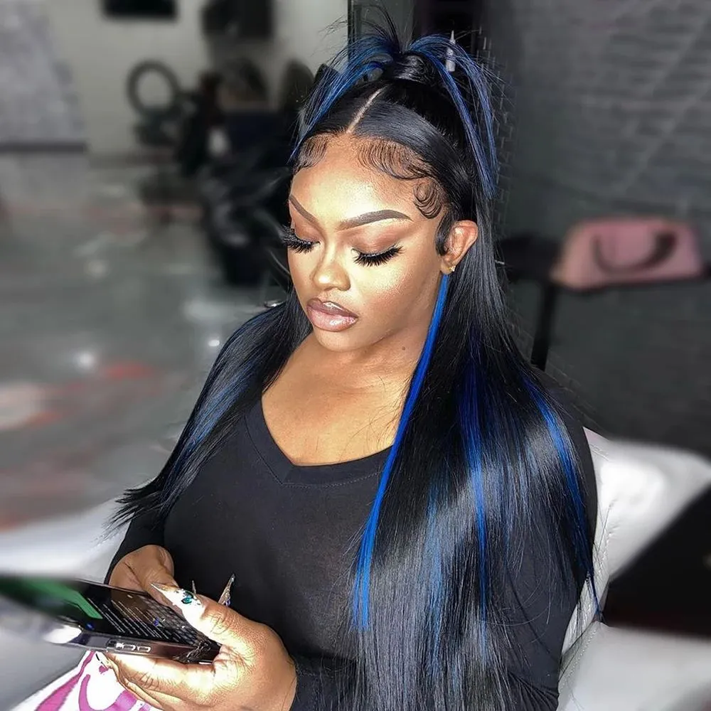 22” Ombre Black Blue  STRAIGHT Lacefront Wig NEW Ombre Blue Wigs Straight Human Hair Lace Wig 18 Inch Side  main image 2