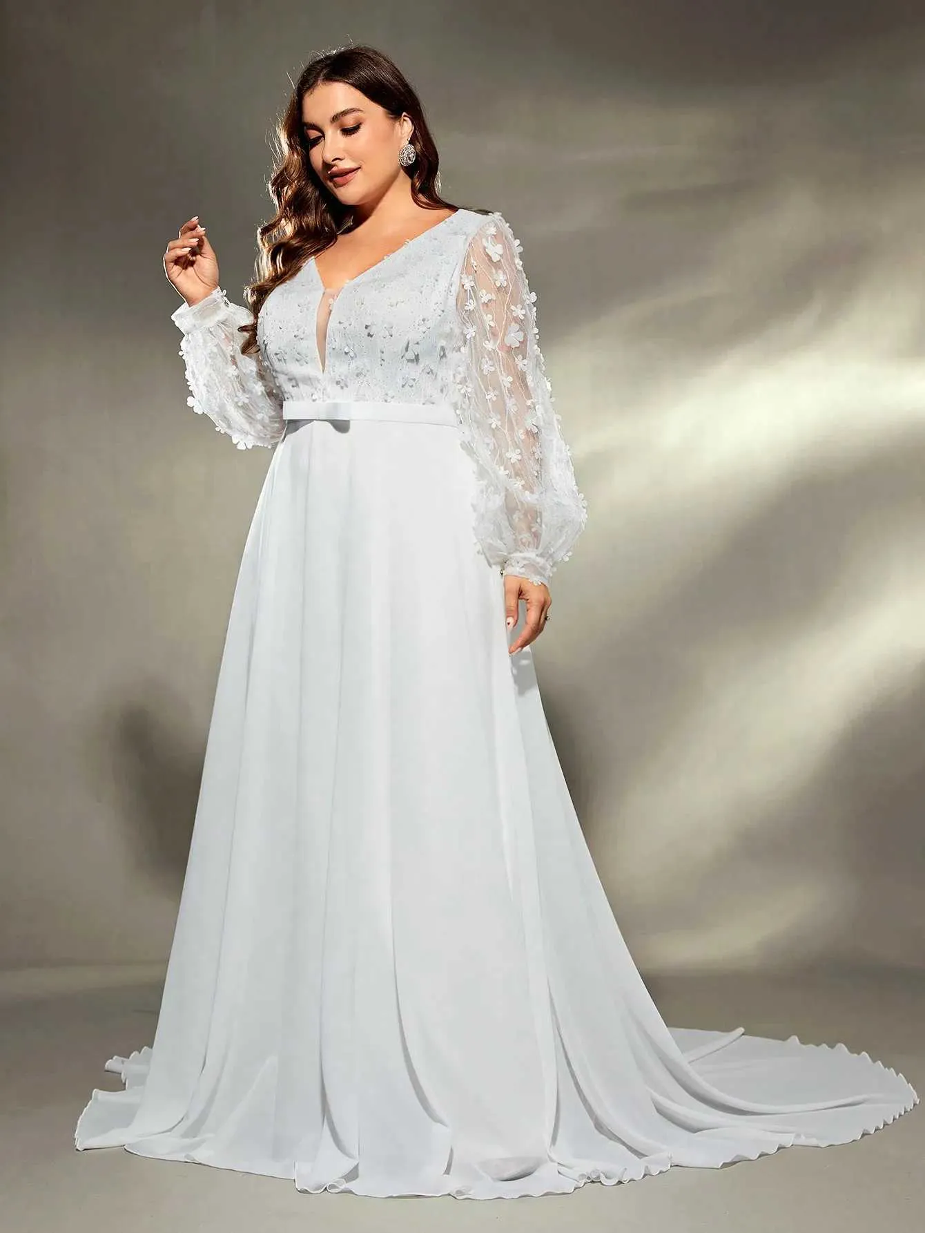 Mgiacy Plus Size Chiffon Wedding Dress with 3D Embroidery and Train