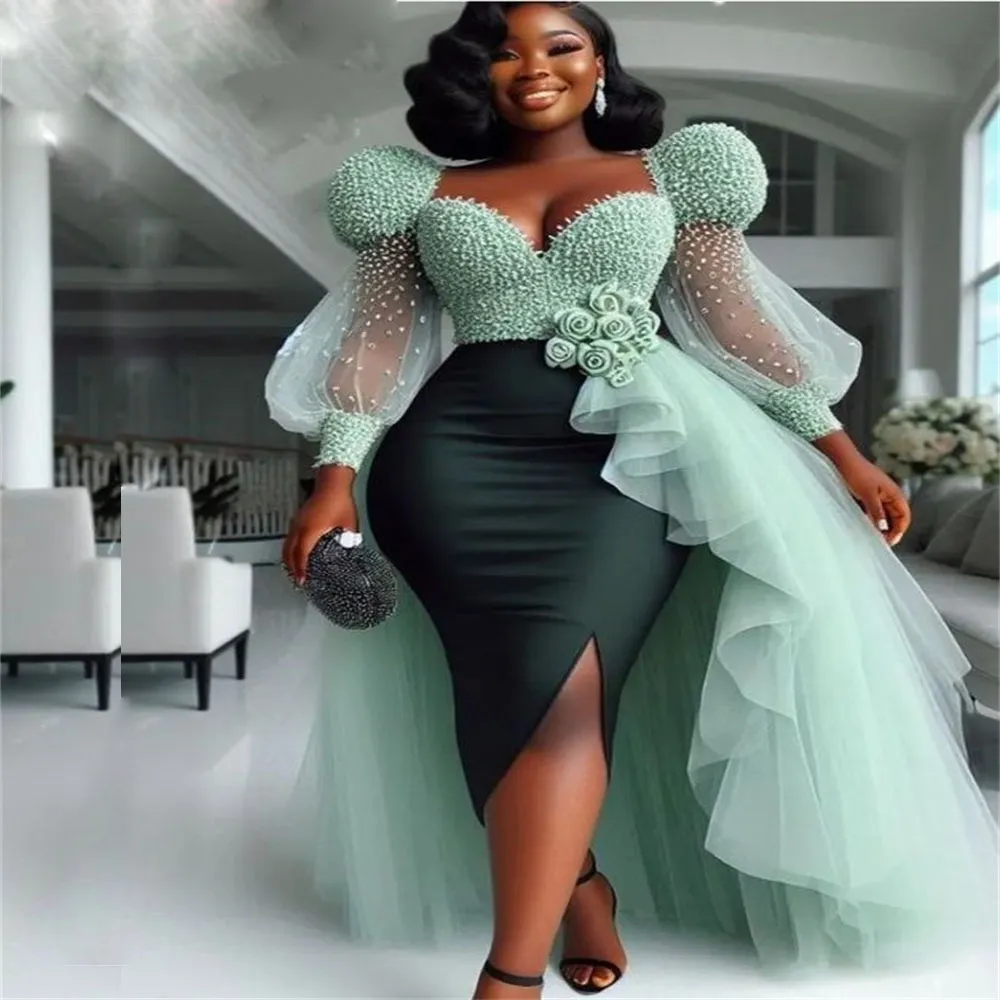 Sage Green Beaded Green Prom Dresses 2023 With Overskirt Train And Long Sleeves Tea Length Aso Ebi Evening Gown With Side Split From Wevens 141.71 DHgate.Com