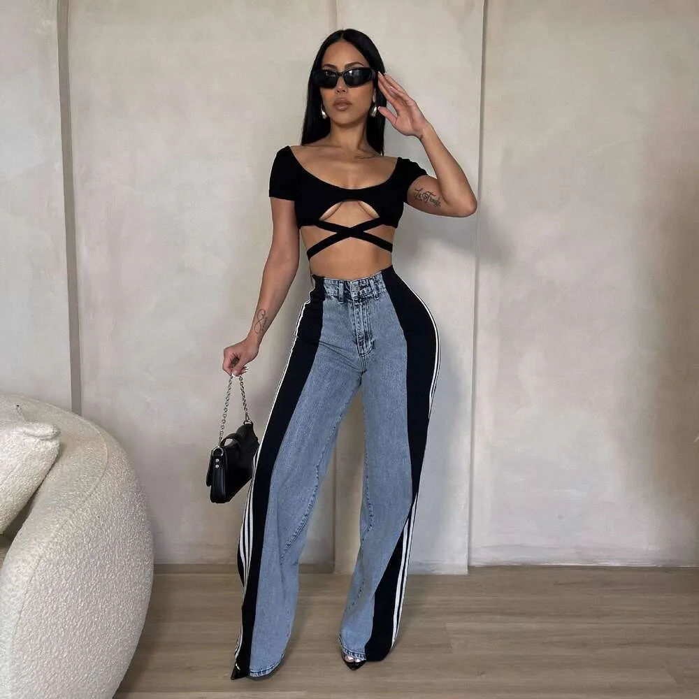 Pantalon en jean de créateur pour femme, pantalon en denim large à rayures, mode femme, nouvel été, décontracté, taille haute, élastique_voghion.com