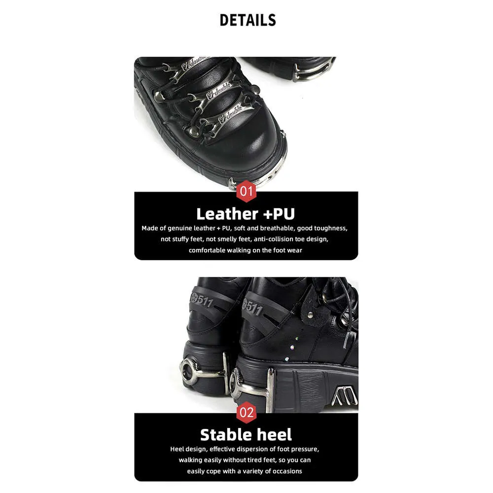 2023 NOU Stil Punk Femei Cu șiret Toc Înălțime 6Cm Pantofi cu platformă Cizme gotice Glezne Rock Decor metalic Pantofi femei_voghion.com