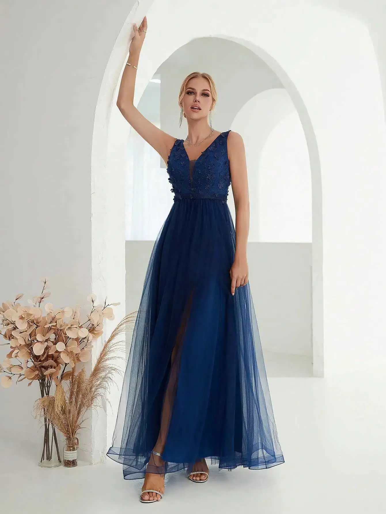 Mgiacy V Neck 3D Sequin Embroidered Mesh Slit Tulle Maxi