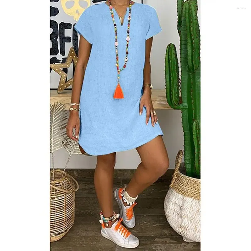 Party Dresses Casual Vintage Cotton Linen Mini for Women Short Sleeves V-Neck Loose Dress Beach Holiday Simple Style Vestidos Female