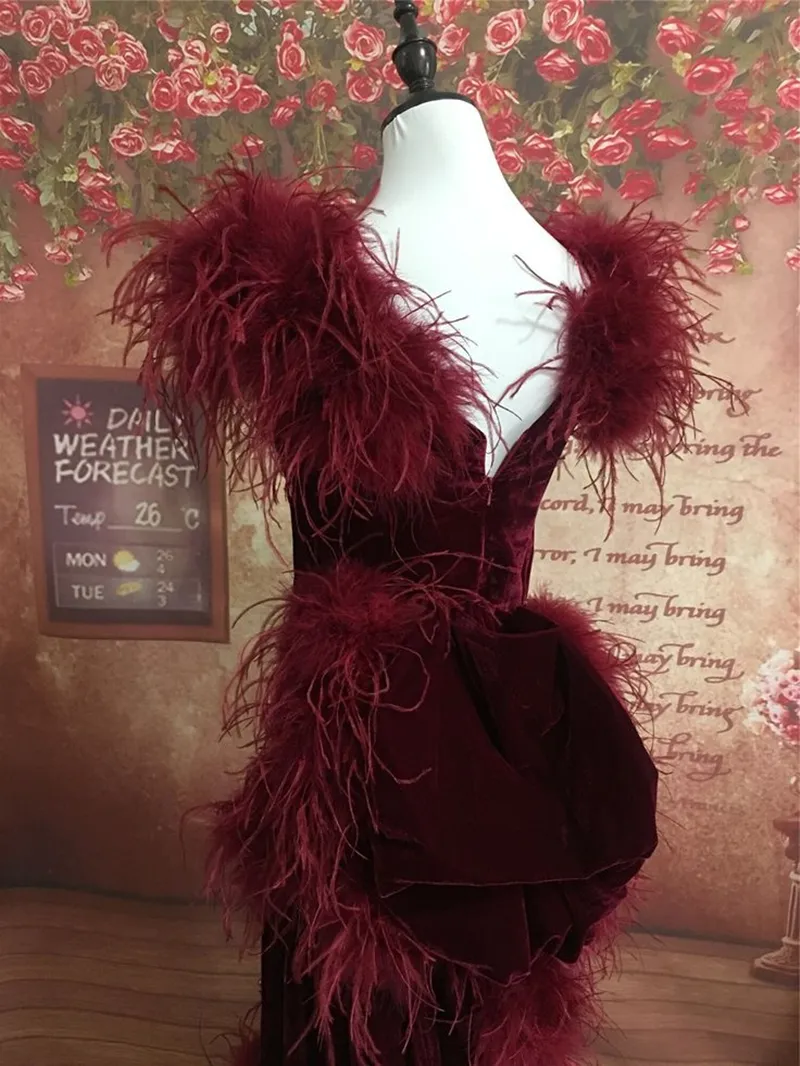 open lace back dress Burgundy V neck Velvet Long Prom Dress, Burgundy Formal Evening Dress –  dresstby main image 0