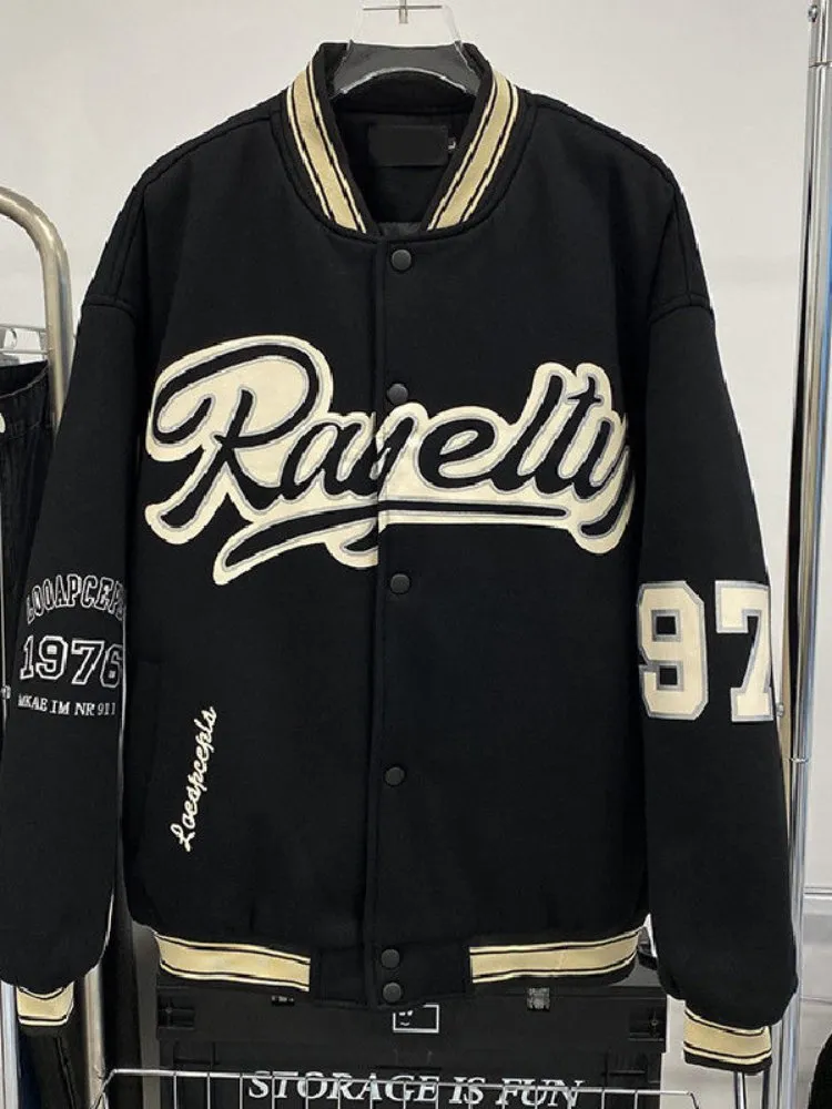 American Retro Embroidered Baseball Varsity Jacket, Loose