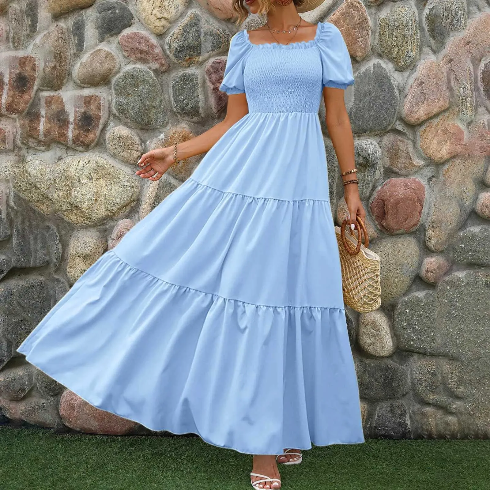 Missord Fashion Casual Maxi Dress Off Shoulder Summer Deep Bishop Sleeve Women Hollow Out Holiday Frill Trim Dresses