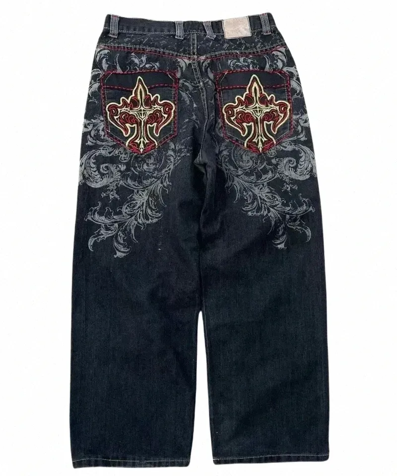 【THE MOZZ】Retro Denim Pants DHgate.com:Gothic Geometric Cross Pattern High-Waisted Baggy