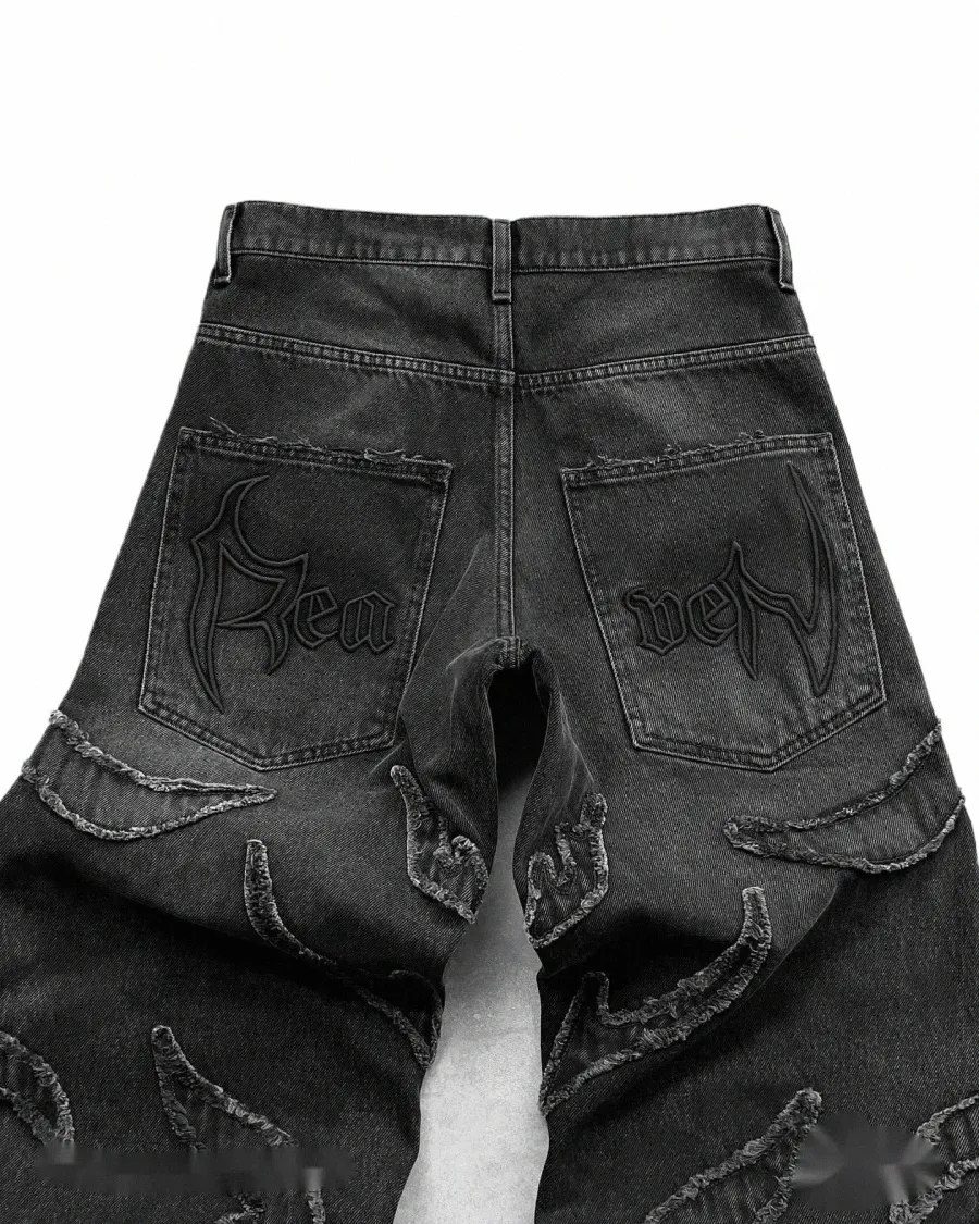 Hip Hop Punk Raw Edge Embroidery Vintage Y2K Black Baggy Jeans for