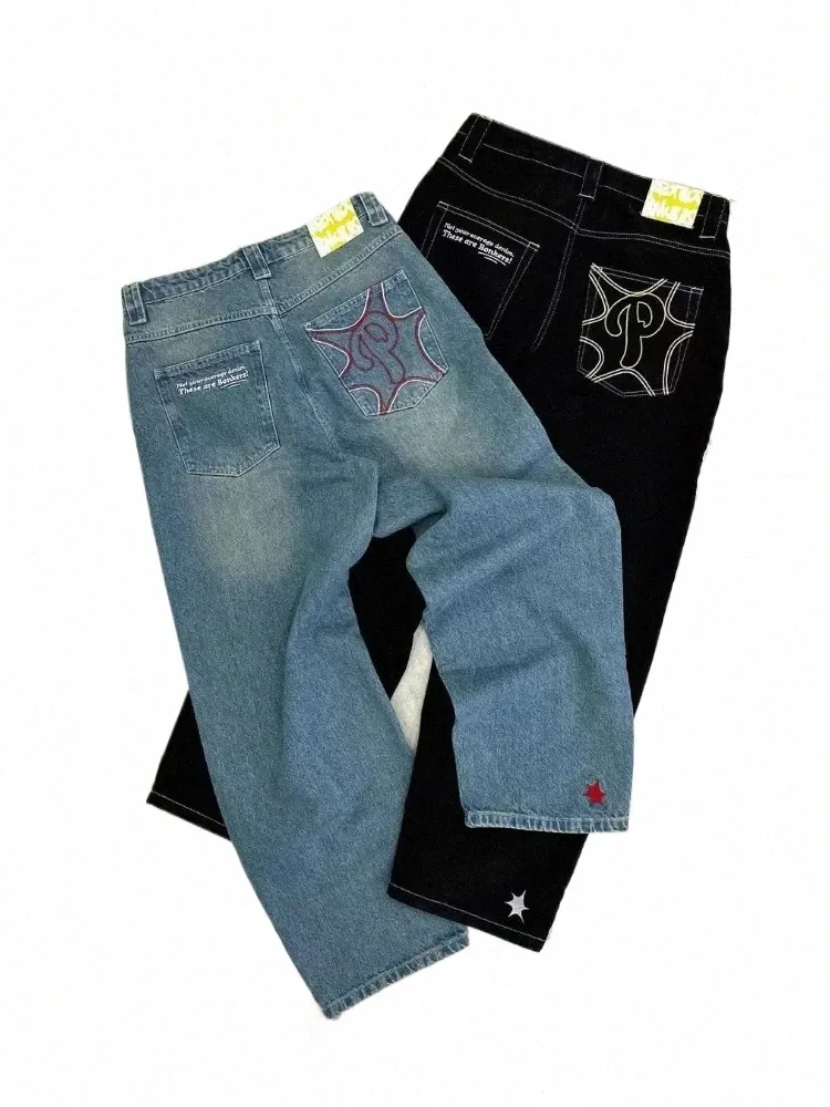 めめ！ Y2K Patch Print Wide Denim MEOKIM Women's Denim Pants Y2K Jeans Retro Embroidered