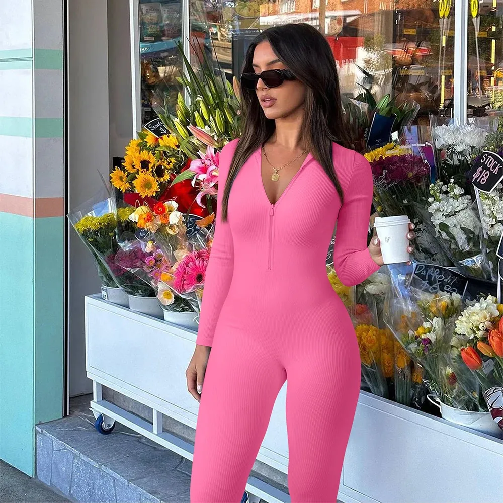 Womens Long Sleeve Jumpsuit Solid Bodycon Zipper Romper Summer