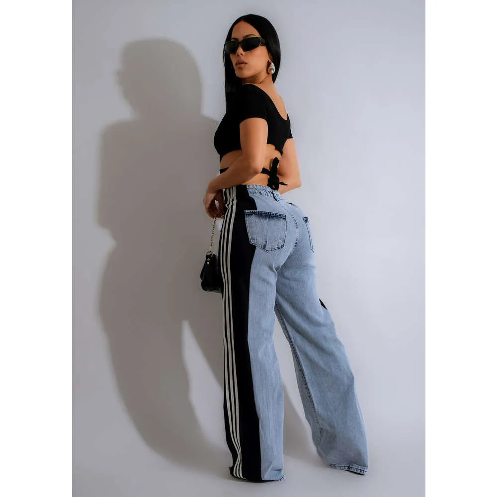 Pantalon en jean de créateur pour femme, pantalon en denim large à rayures, mode femme, nouvel été, décontracté, taille haute, élastique_voghion.com
