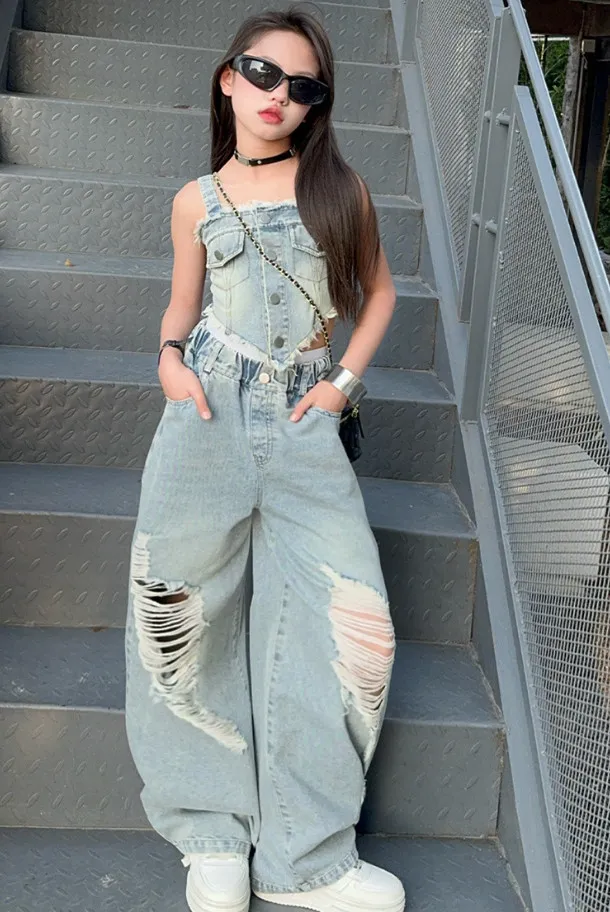 Save Big on Bulk Kids Jeans Tops Girls' Denim Outfit: Tassel Tank Top  Distressed Jeans Set Kids' Summer Clothing (4 15Y) Best Deals on DHgate