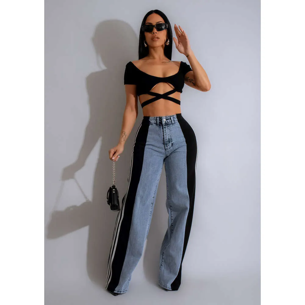 Pantalon en jean de créateur pour femme, pantalon en denim large à rayures, mode femme, nouvel été, décontracté, taille haute, élastique_voghion.com