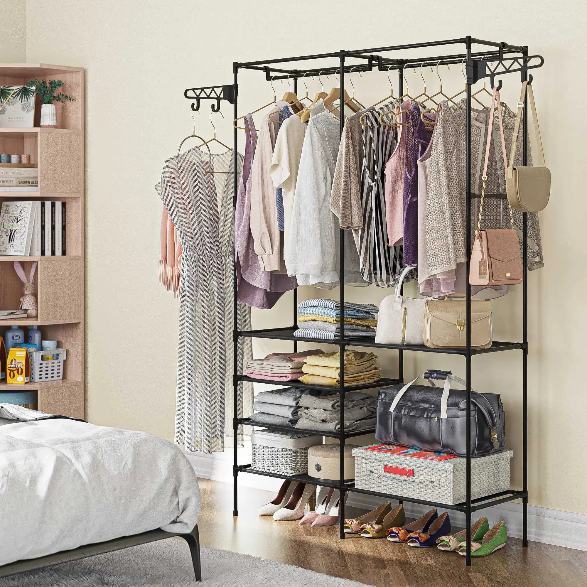 Heavy Duty Portable Garment Rack - Double Rail Clothes Organizer With 2 Shoe Shelves & Hangers, Freestanding For Bedroom (Black, 43.31"W X 57.48"H)