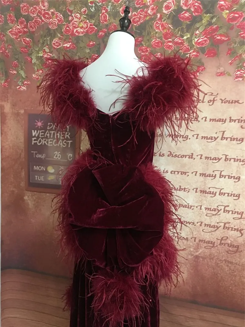 Vintage Burgundy Velvet Evening Gown with Beaded Feather Embellishments and Zipper Closure from Dhgate Evening Dresses - price 233.0 Vintage Burgundy Velvet Evening Gown with Beaded Feather Embellishments and Zipper Closure from Dhgate Evening Dresses - price 233.0