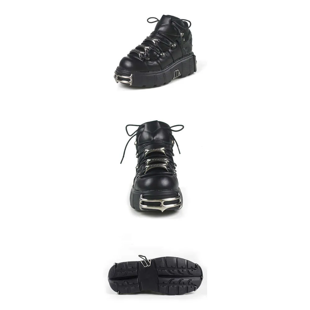 2023 NOU Stil Punk Femei Cu șiret Toc Înălțime 6Cm Pantofi cu platformă Cizme gotice Glezne Rock Decor metalic Pantofi femei_voghion.com