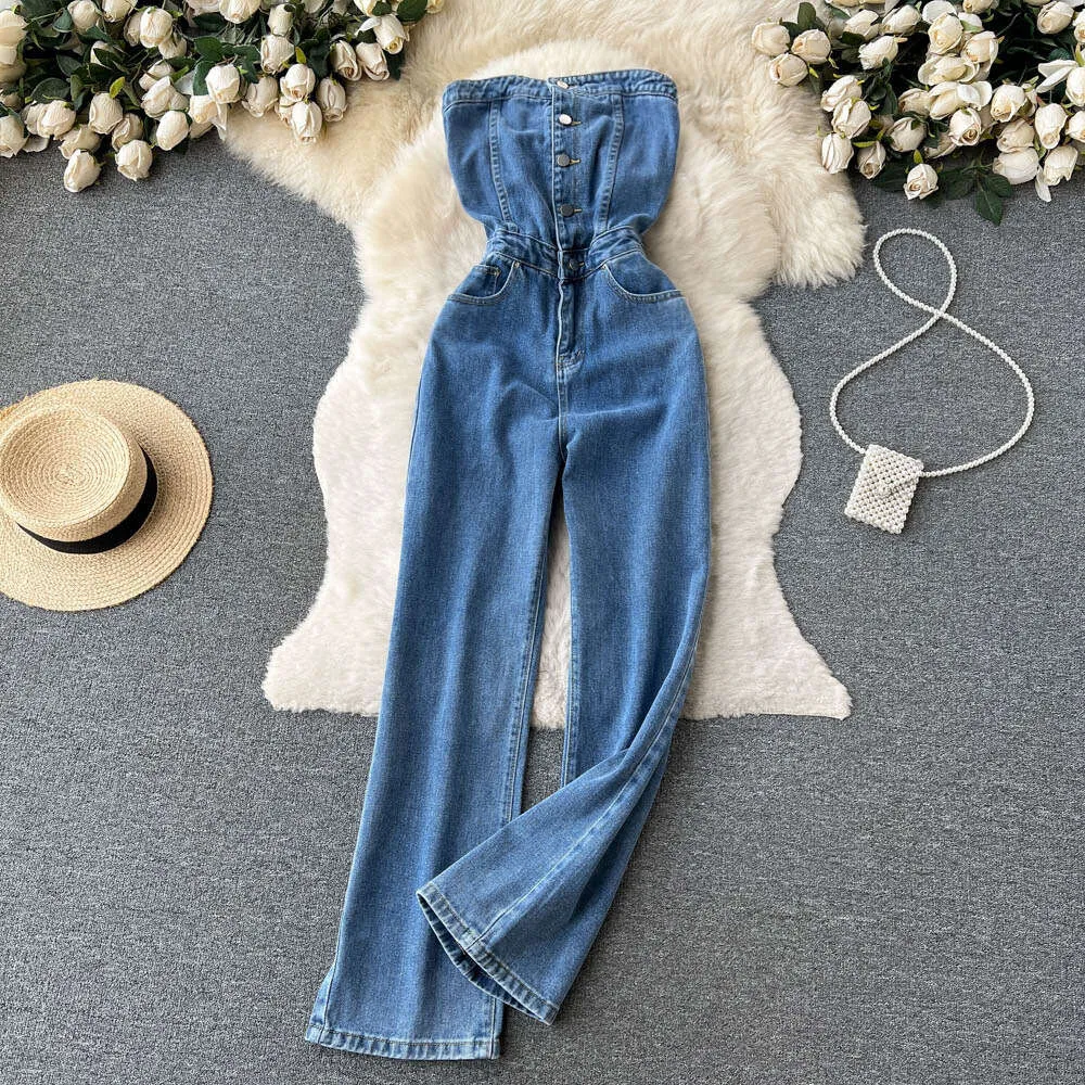 Stylish Slimming Single Breasted Cowboy Jumpsuit With Wide Legged