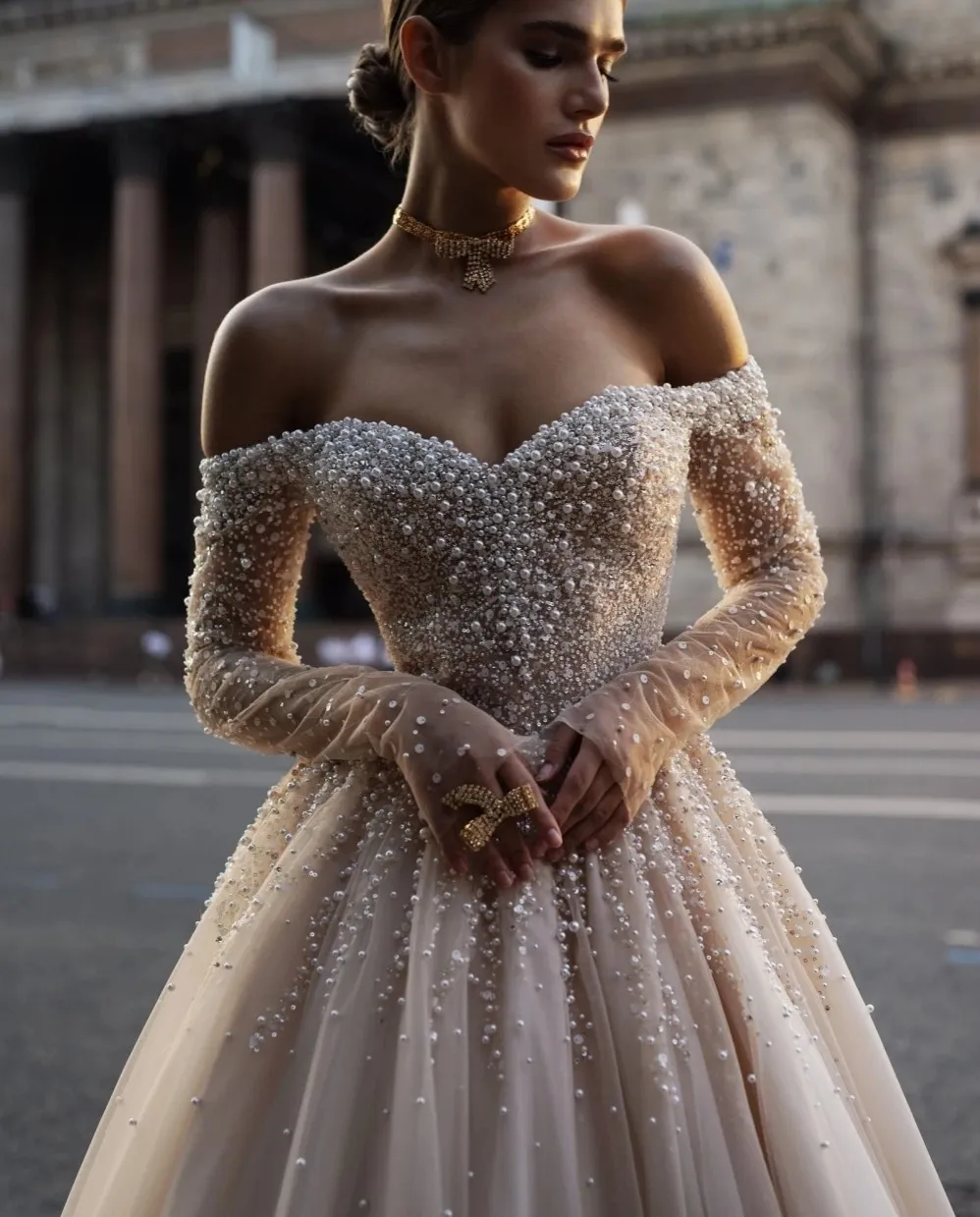 Champagne Sequin Wedding Dress Off The Shoulder Sparkly Pearls A-Line  Bridal Gown Custom Made