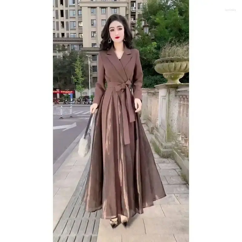 Elegant Organza Patchwork Long brown midi dress for Women - Perfect for Casual and Office Wear in Autumn and Winter - Slim Fit with Notched Sleeves