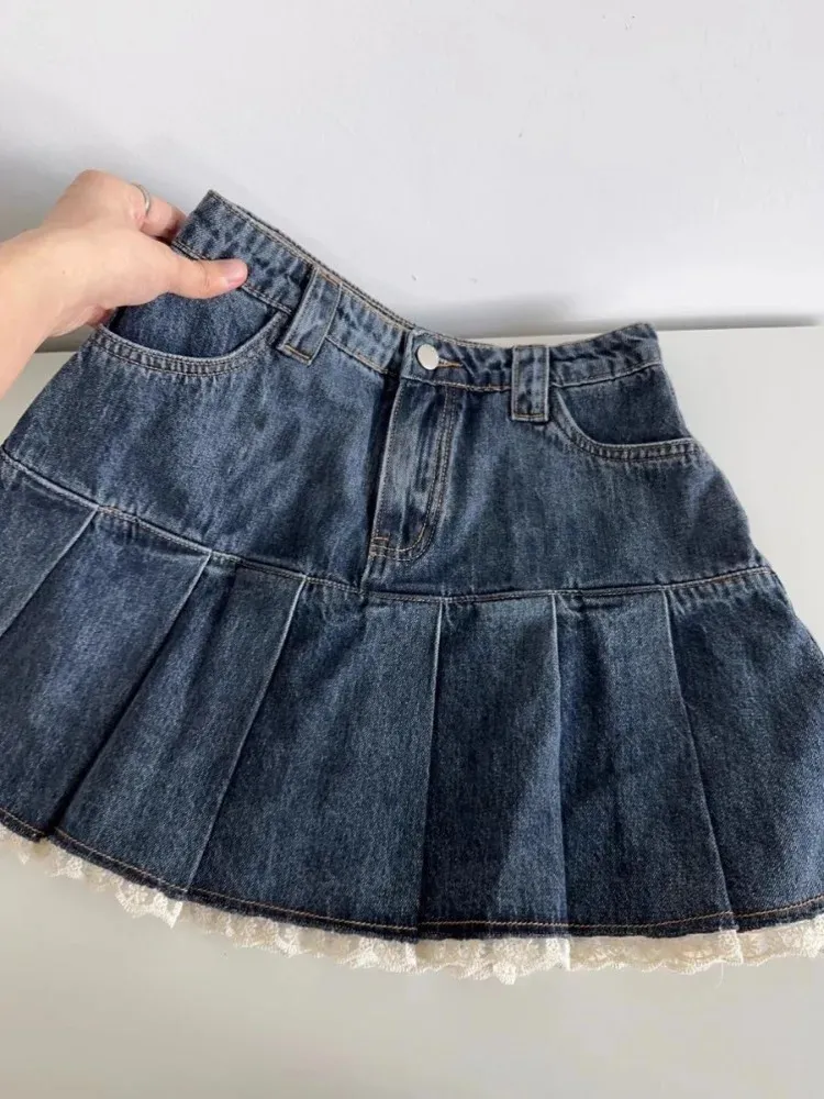 Vintage High Waist Pleated Denim Denim Skirt With Top With A Vintage High Waist Pleated Denim Denim Skirt With Top With A