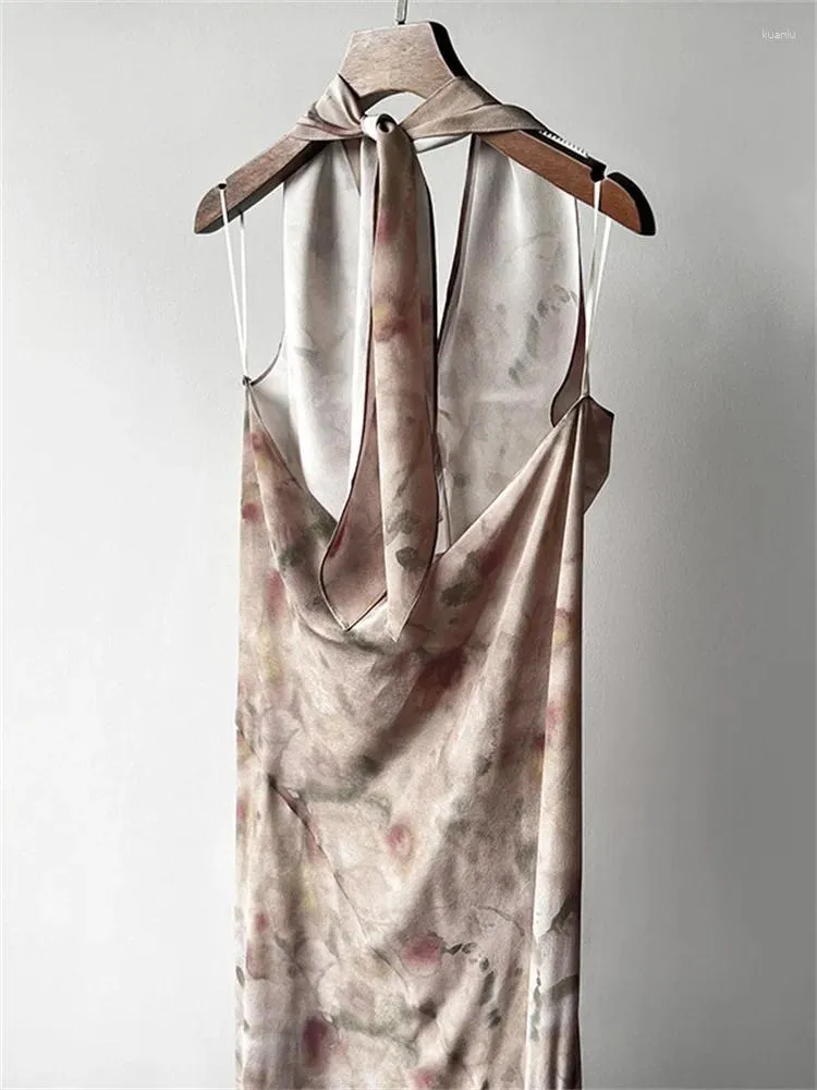 Casual Halter Neck Dress Women Silk Rose Dyed Print Sleeveless Midi Dress  Lace Up Backless for Summer from Dhgate Basic & Casual Dresses - price  127.43