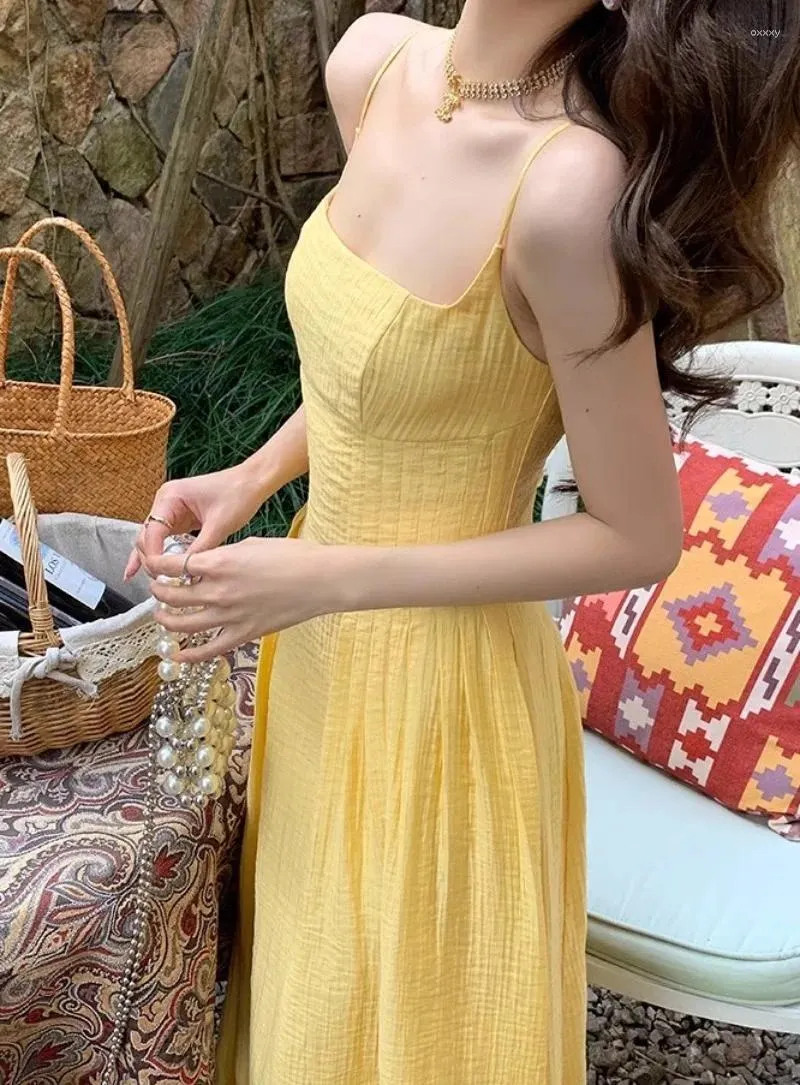 Backless Bodycon Dress Mid-Calf Yellow Cotton Vintage A-Line Sleeveless  with Hooded Collar and Peplum Decoration
