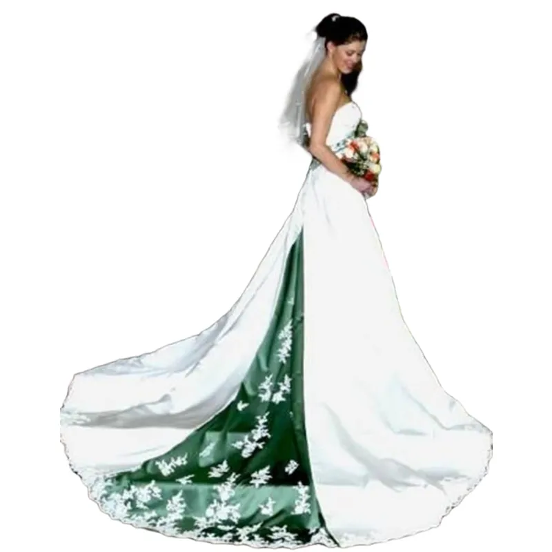 Timeless Strapless A-Line Satin Wedding Dress with Emerald Green Lace  Appliques from Dhgate A-Line Wedding Dresses