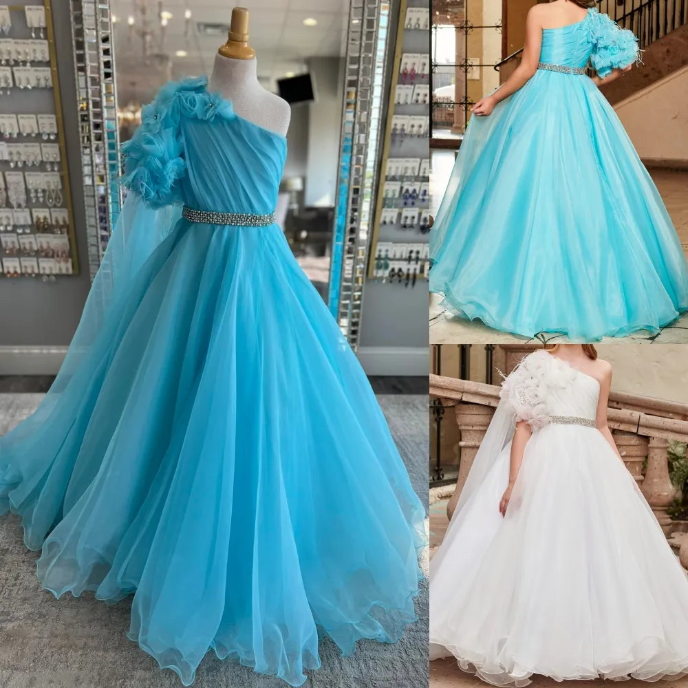 VeraQueen Girl's One Shoulder Beaded Organza Pageant Dress - Long Sleeveless Ball Gown, Turquoise With Beading, A-Line Silhouette - View #4