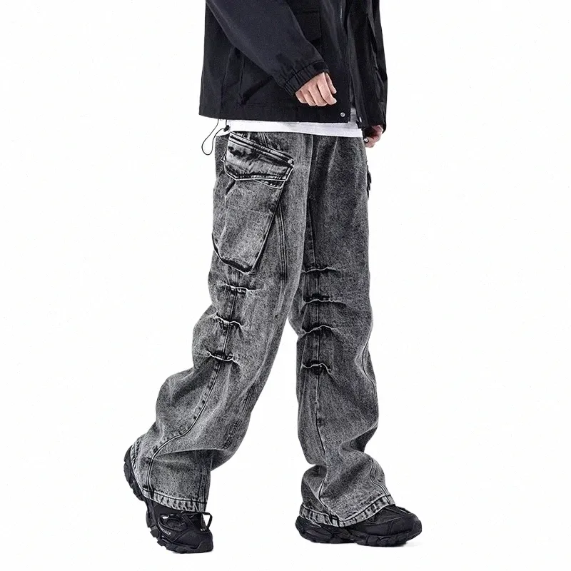 Mens Aesthetic Vintage Grey Baggy Cargo Jeans: Y2K Fi Pleated