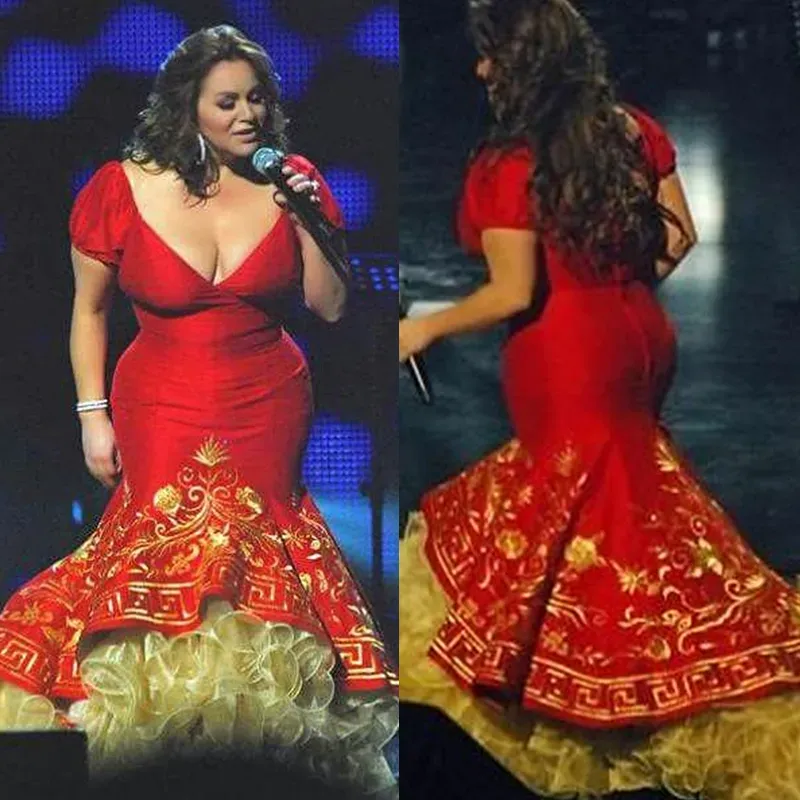 Jenni Rivera Red And Gold Mermaid Prom Dresses Ruffles Tiered Embroidery V Neck Sexy Long Mexican evening gown outfit