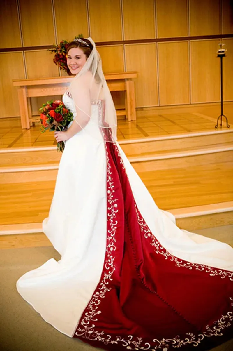 knee length dresses for ladies Ivory Wedding Dress with Red Rose Embroidery & Off Shoulder Sleeves –  Viniodress main image 1