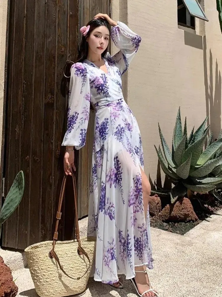 Long Chiffon Maxi Dress with Split Design for Women Casual Vintage Boho  Beach Holiday