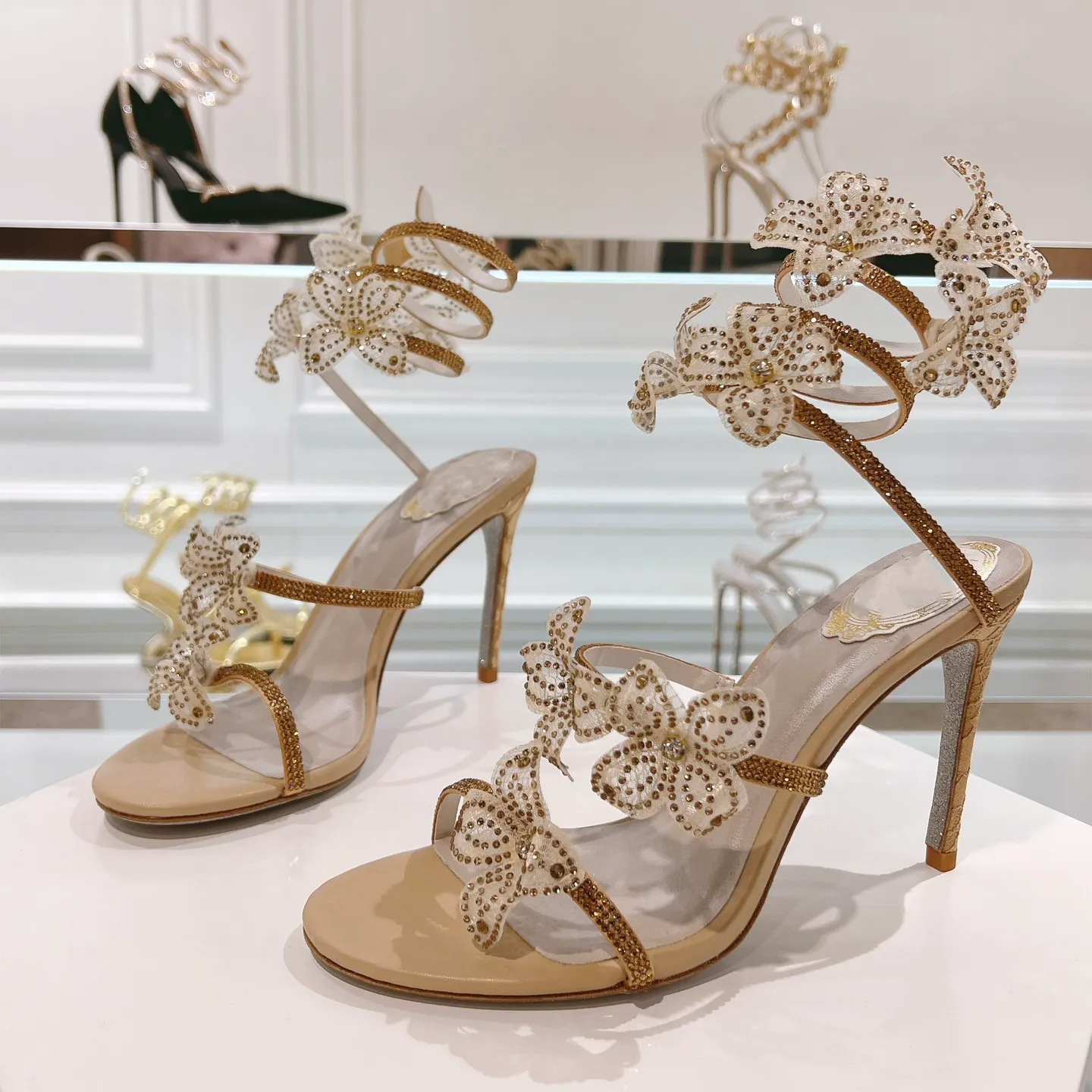 Womens Evening Dress Sandals with Crystal Butterfly Decor, Serpentine  Wraparound Stiletto High Heels from Dhgate Dress Shoes - price 114.84
