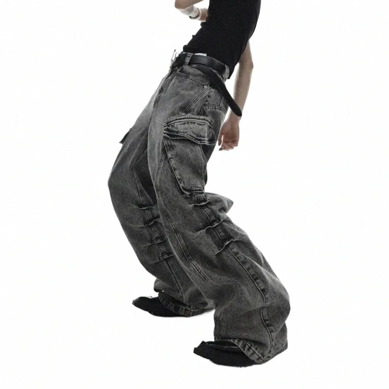 Heavy Duty Denim Jeans for Men: Vintage Gothic Fold Wide Leg Trousers