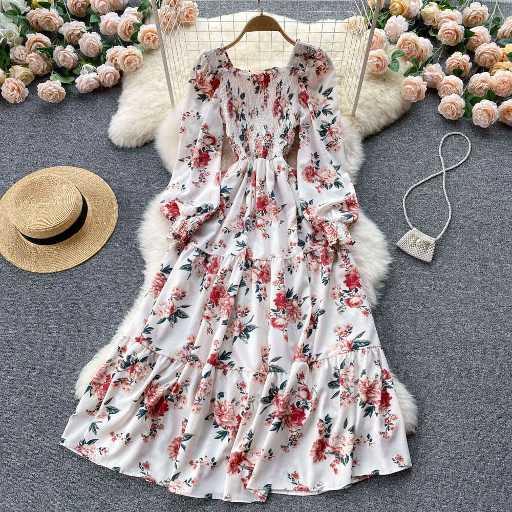 French Floral Long Dress: Sweet Gentle Wind Floral Print