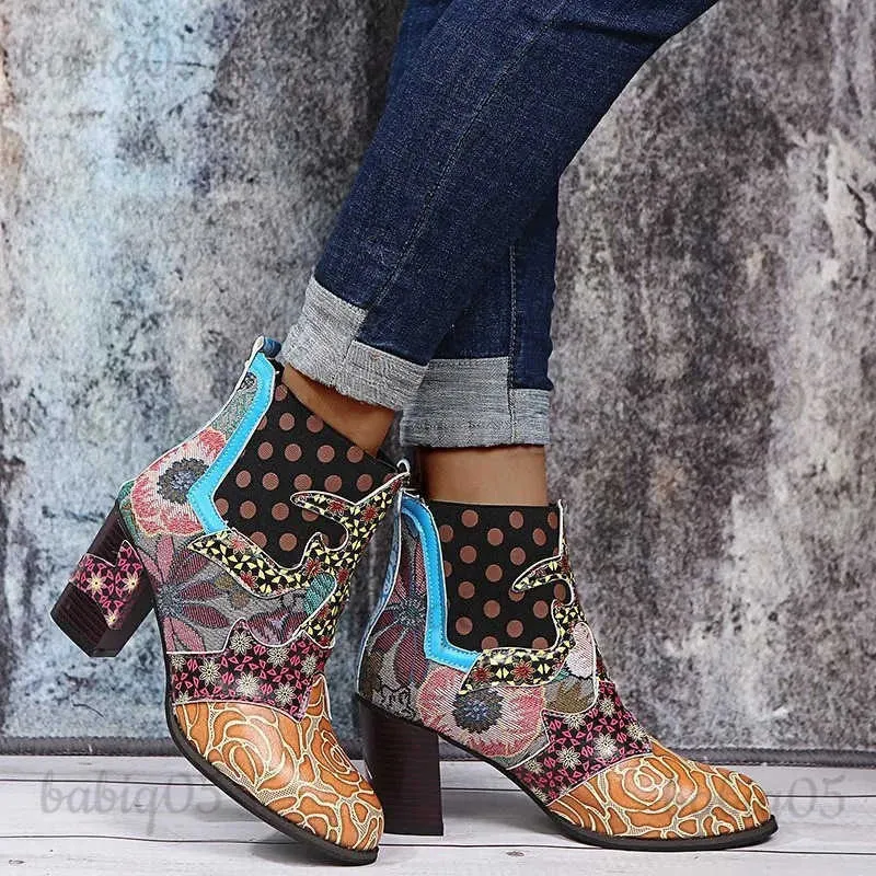 Ankle Booties Socofy Botas Socofy Boho Colorful Leather Zip Ankle
